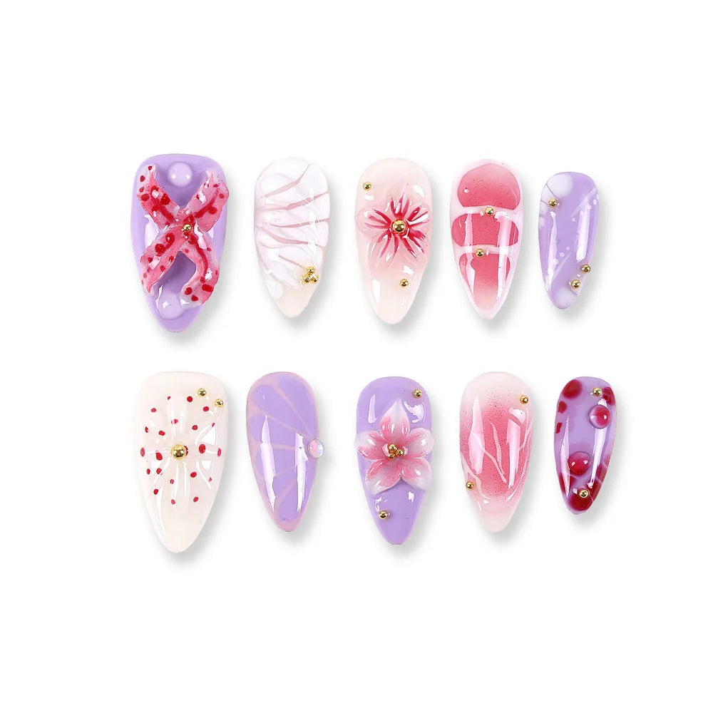 Nails Lavender & Milky White Mix with Pink Gradient, 3D Florals, and Gold Beads Press-On Nails