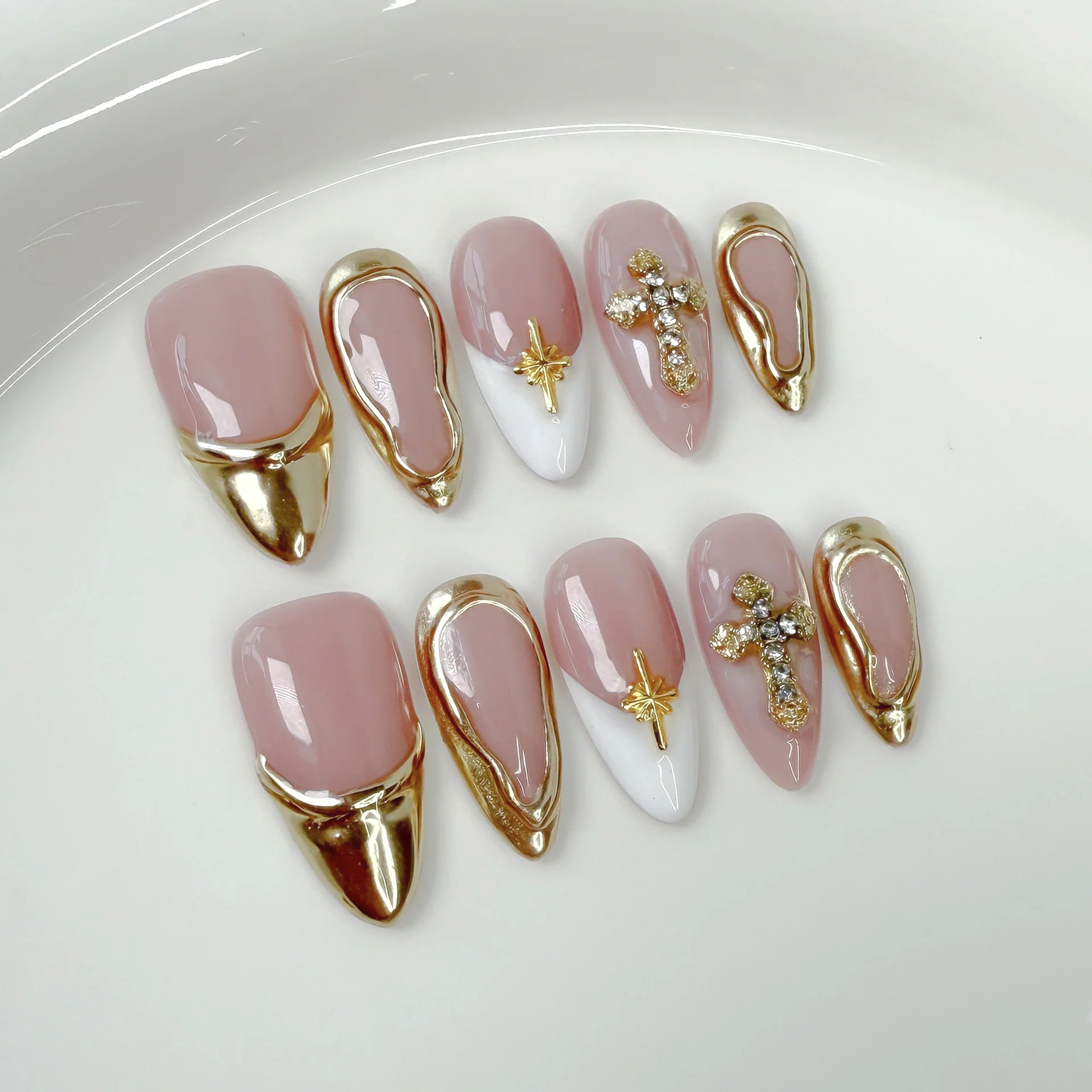 Ice transparent French almond armor simple blush armor metal wind cross Handmade press on nails.