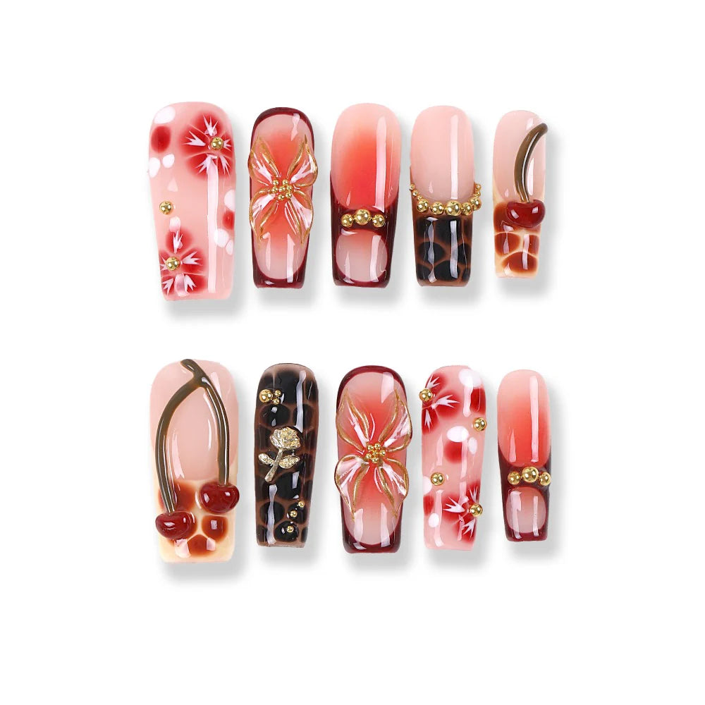 Cherry Bloom Leopard Ombre Square Press-On Nails