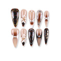 Nails Milky Coffee Tortoiseshell French with 3D Flowers Press-On Nails