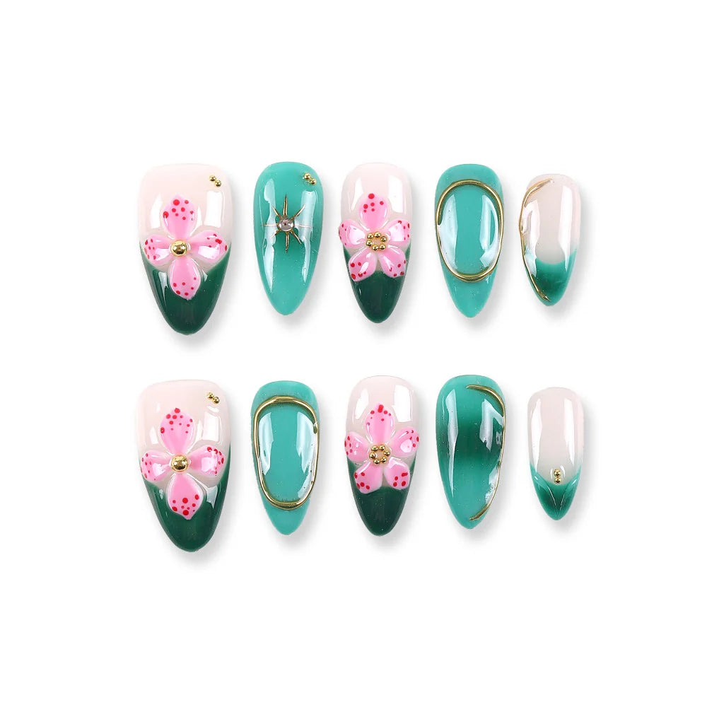 Nails Spring Blossom Emerald French Press-On Nails